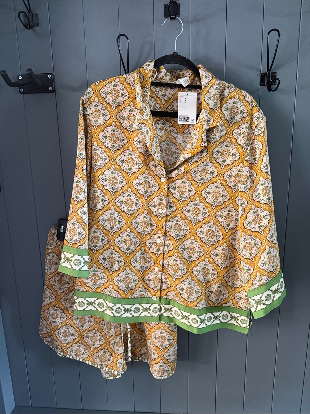 Women's Yellow Patterned Button-Up Top with matching drawstring shorts. set